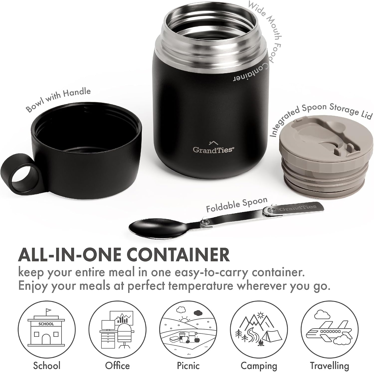 GRANDTIES Insulated Food Jar, 20 oz Wide Mouth Thermo BPA Free Stainless Steel Container for Hot Food with Carry Handle Bowl Cap & Foldable Spoon, Leakproof for Lunch To Go Meals (Midnight Black)