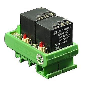 Shavison Relay Module AS548-102-24V, 2 Channel, 1 C/O Contacts Rated for 30 Amps, Reverse Blocking Diode, Coil Voltage : 24VDC@45mA, Contact Rating : 30A@28VDC/230VAC