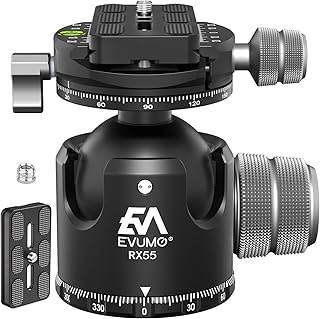 EVUMO 55mm Tripod Ball Head, Double Panorama 360° Large Heavy Duty Ball Head Mount For Tripod Camera, Tripod Heads For Tripod Low Profile CNC With 2 QR Plates Compatible With Arca-Swiss, Max Load 40kg