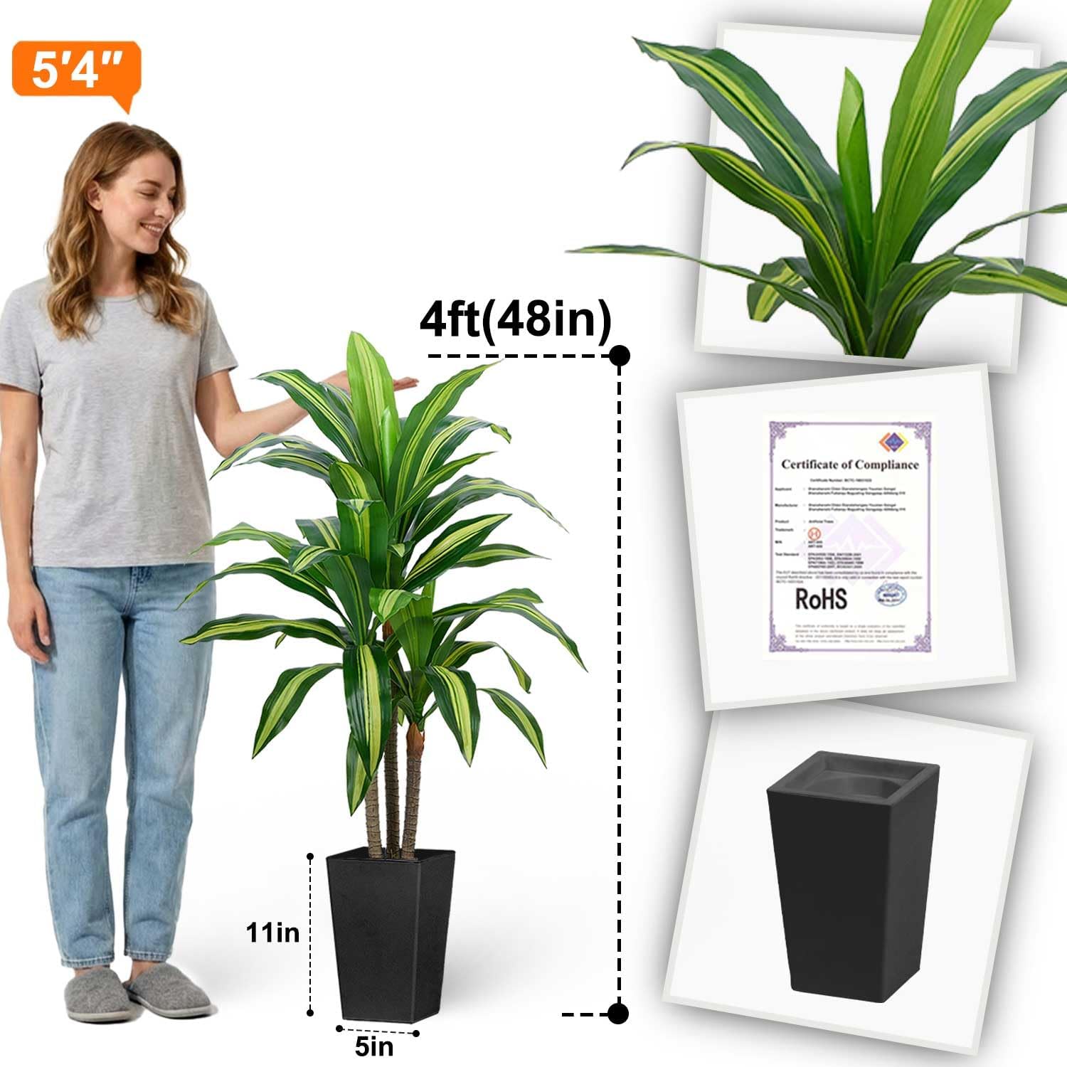 Aveyas 4ft Artificial Dracaena Tree for Home Decor, 4 ft Real Touch Large Faux Plant Fake Silk Floor Trees with Pot for Indoor Outdoor House Living Room Office (4 Feet Tall Including Raised Pot)