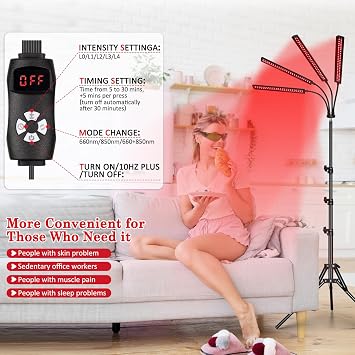 SAVILER Red Light Therapy Lamp for Face and Body, 4-Head Light Therapy Device with Adjustable Stand, 3-in-1 Chip 660nm Red Light & 850nm Near Infrared Light for Skin Care, Muscle Comfort, Home Use