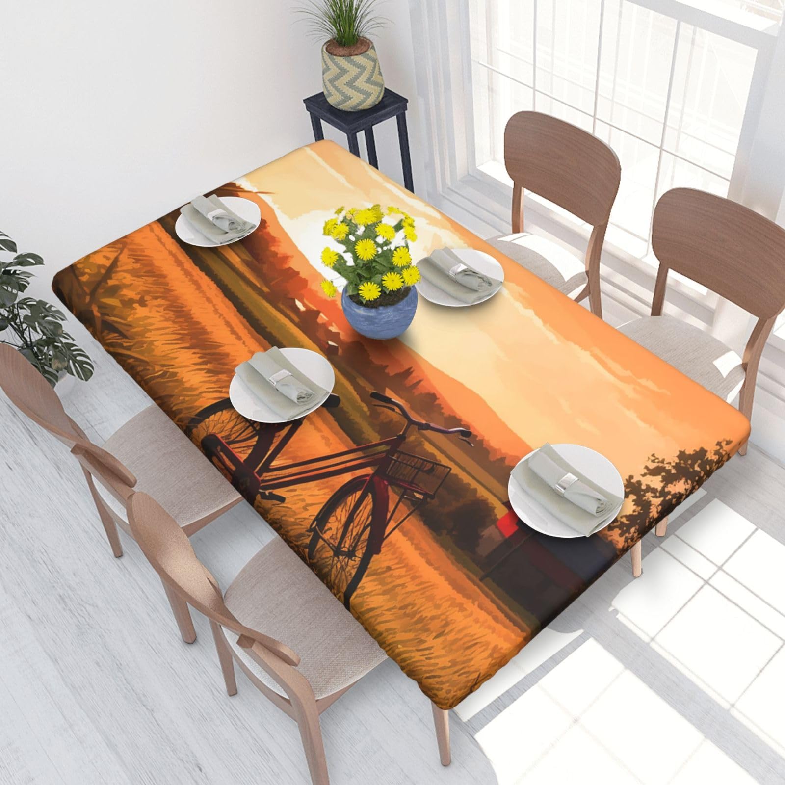 Sunset Rural View Waterproof Square Table Cover Elastic Fitted Tablecloth Oil Proof Table Protector For 4ft Table