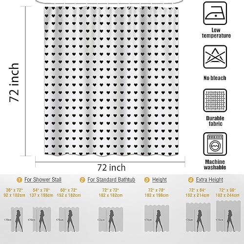 Miniatura 6 de Emwnodti Cortina de ducha con diseño de corazones negros, feliz día de San Valentín, juego de cortina de ducha contratada en blanco y negro para