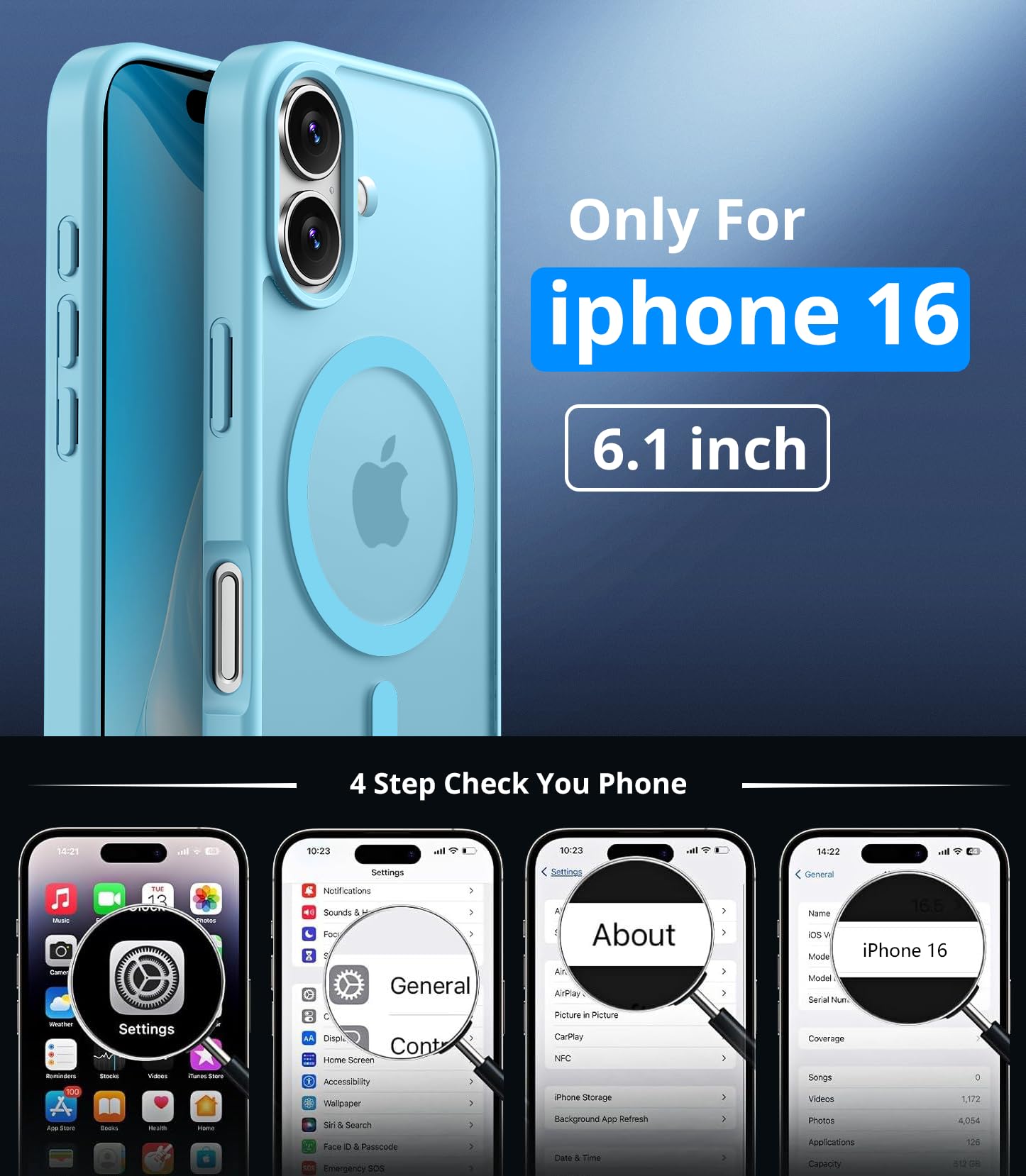 Vansdon Cover Magnetica per iPhone 16 con 1 Pezzi Vetro Temperato, Compatibile con Magsafe, Protezione anticaduta di livello militare, Custodia Traslucida Opaca Sottile Antiurto-Azzurro chiaro