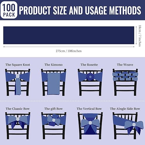 Miniatura 10 de 72 cintas de satén para sillas de recepción de boda, decoración universal azul real, suministros de lazos para la parte trasera de la silla, cintas