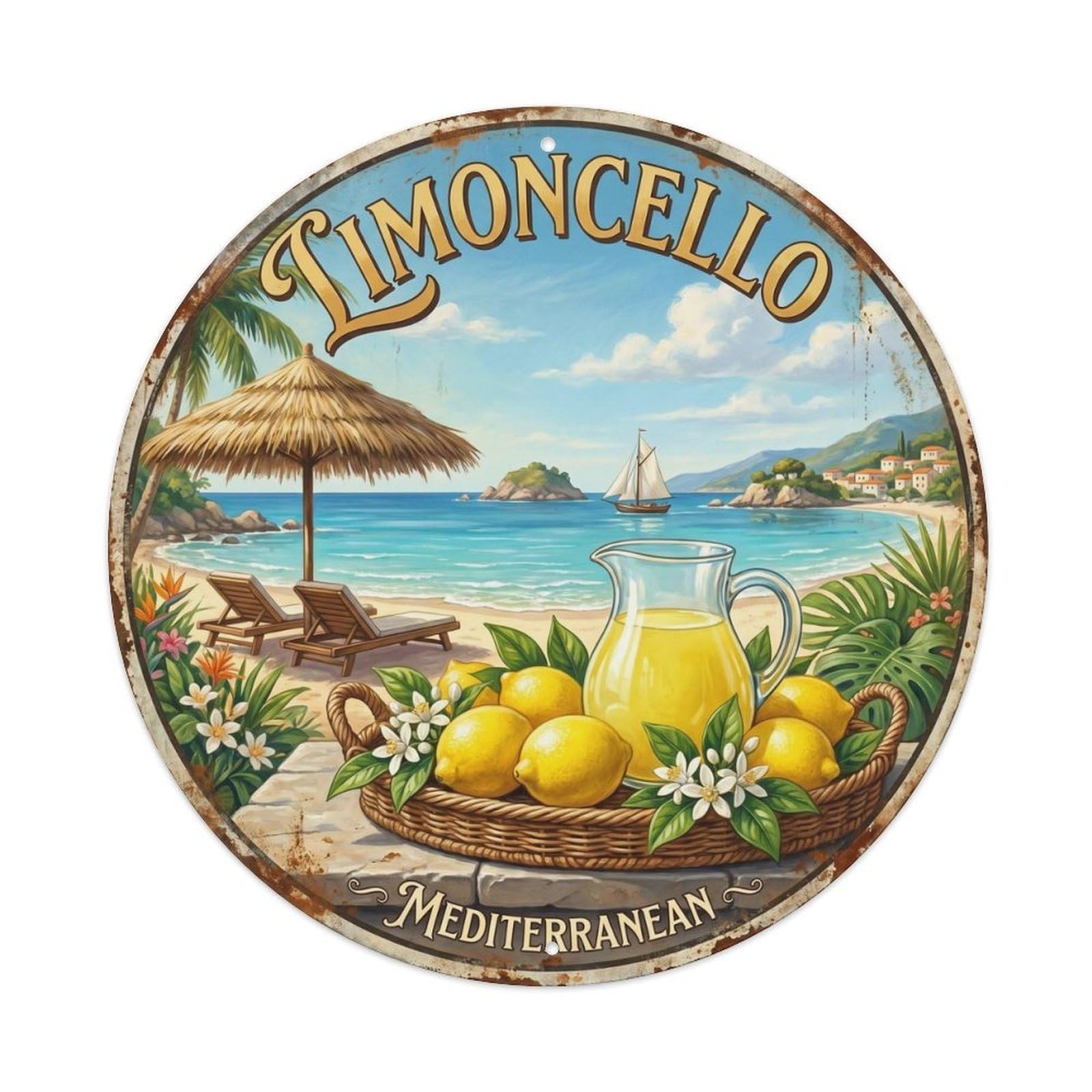 Coastal Limoncello Paradise Vintage Metal Tin Sign Plaque Wall Decor for Cafe, Club, Garden Round Metal Poster 8x8Inch