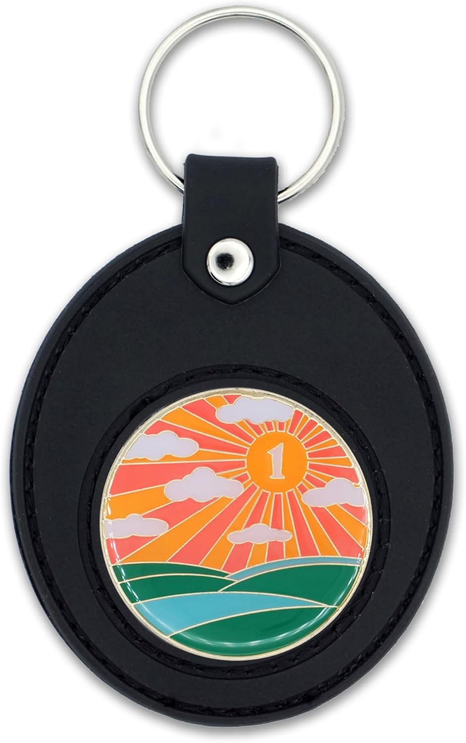 The Token Shop Glowing Sunlight of The Spirit 1 Year Sobriety Chip with Black AA Coin Holder Keychain Set