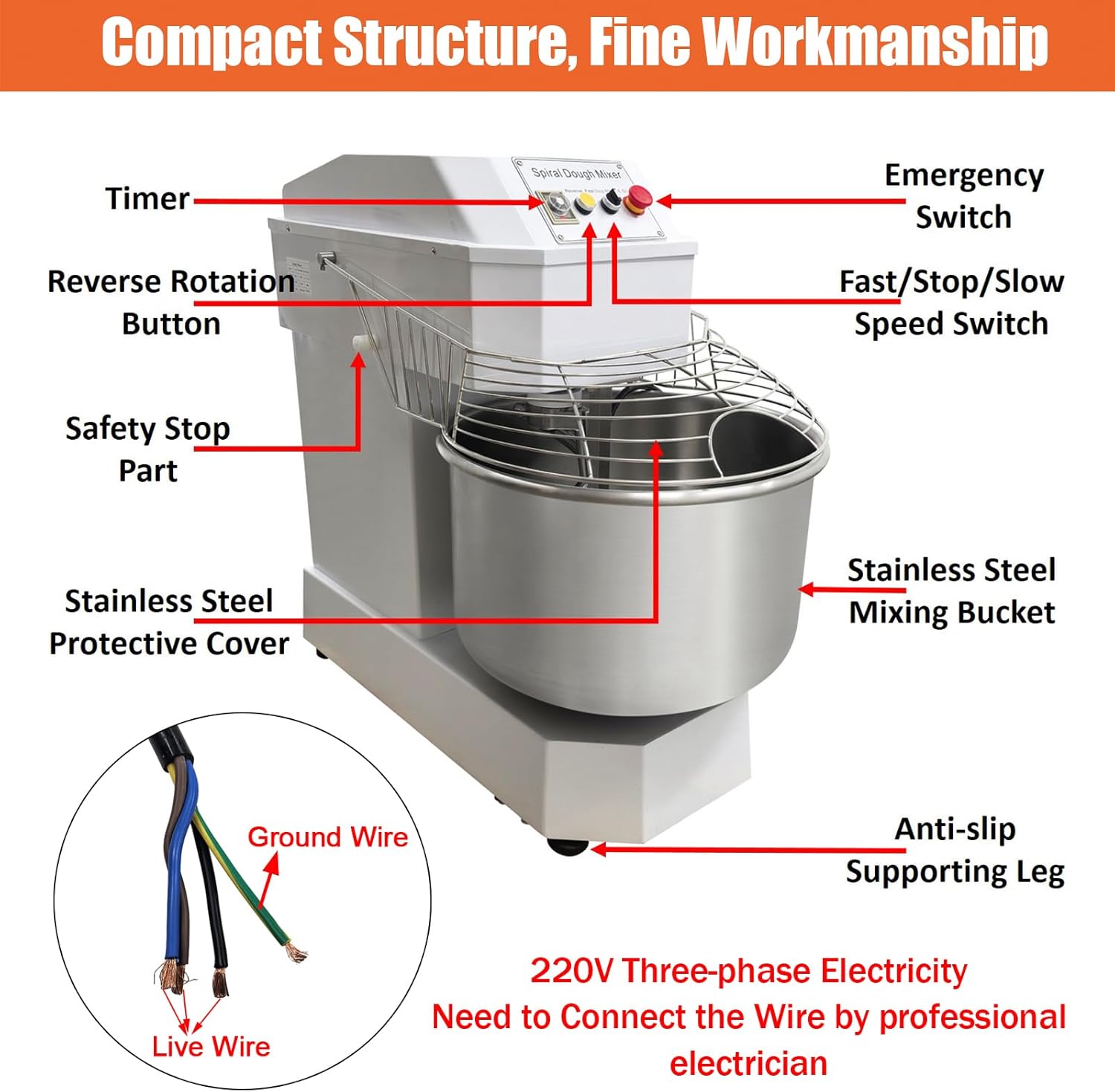 80L Commercial Dough Mixer Double-Action Double-Speed Stand Spiral Mixer Stainless Steel Pizza Dough Kneading Machine 33KG(72.7lb) Flour Capacity for Kitchen Bakery Bread 220V 3-Phase