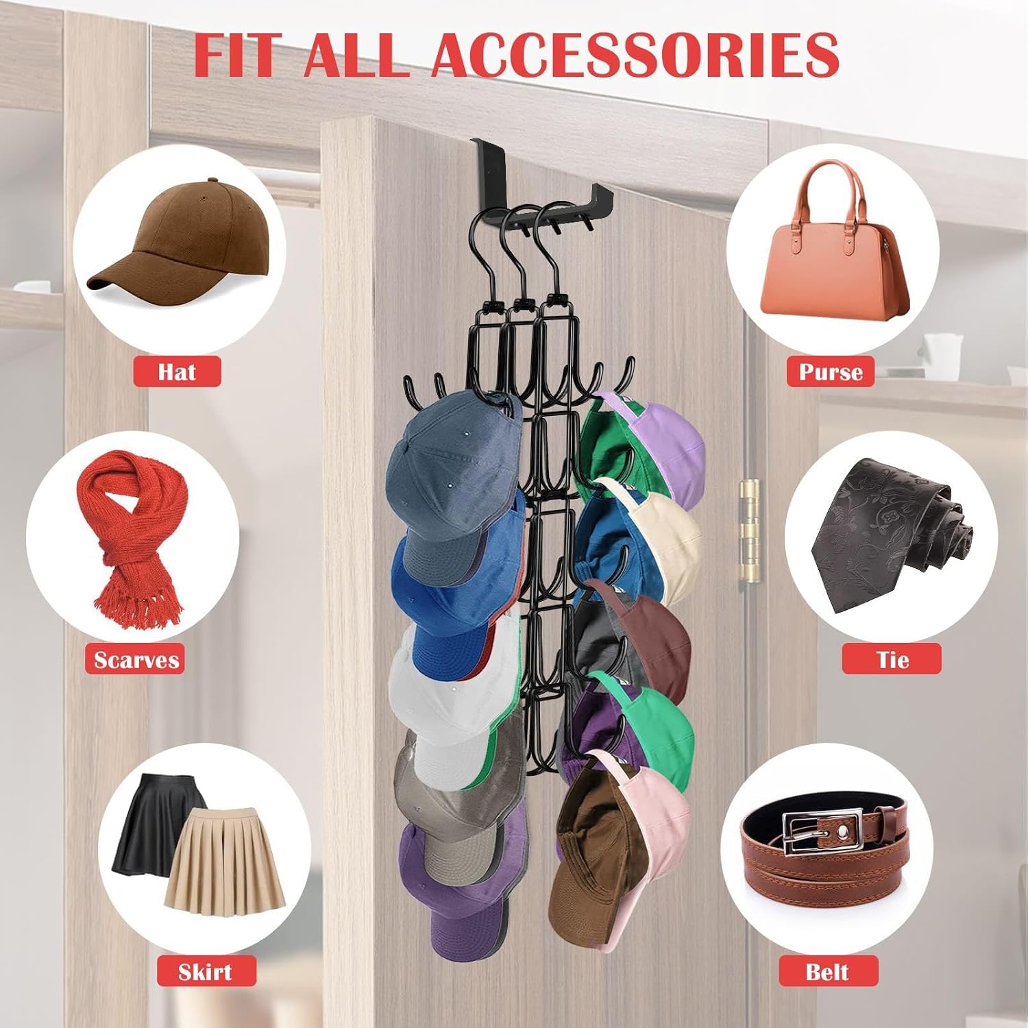 Hat Rack for Door, Collapsible Over The Door Hat Organizer with 10 Large Hooks, Holds 40 Baseball Caps, Rotatable Metal Space Saving Caps Hanger for Display and Storage, Black