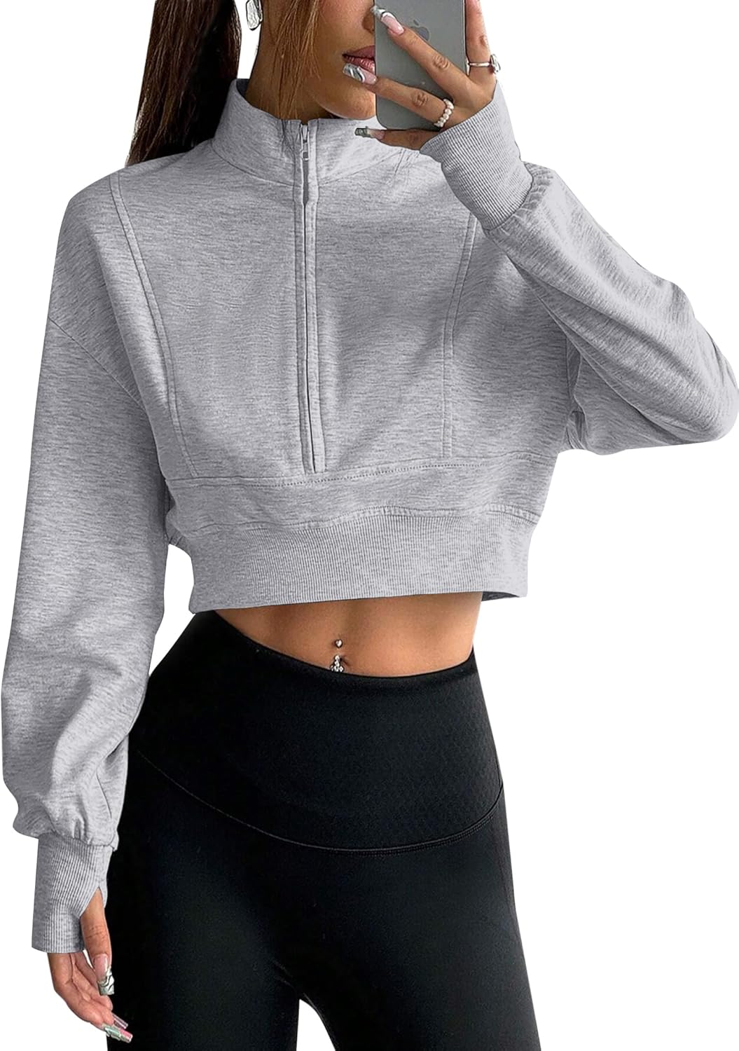 Remidoo Women Half Zip Cropped Sweatshirt Long Sleeve Crop Tops High Neck Workout Pullover - Image 5