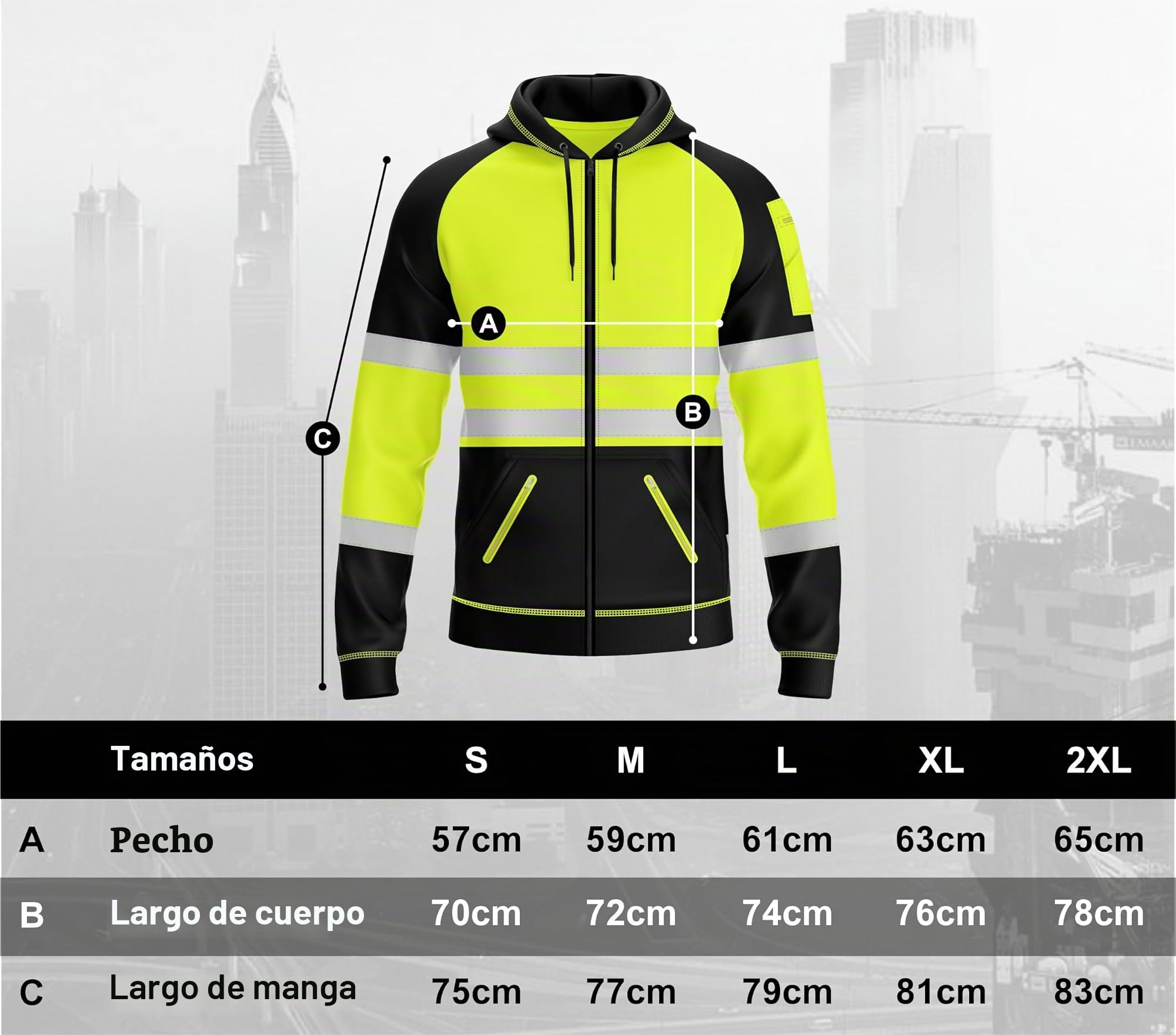 Sudadera con capucha para hombre con cremallera reflectante y 3 bolsillos con cremallera