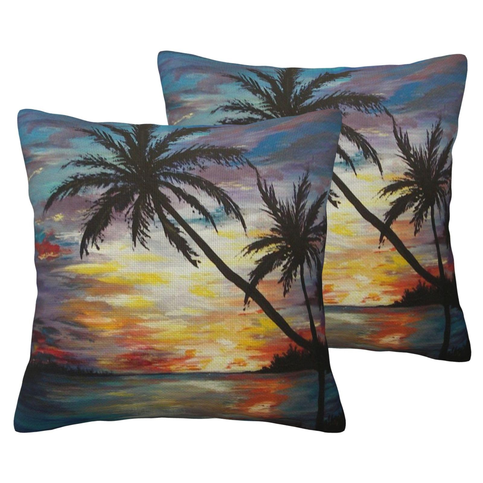 Taies d'oreiller effet lin lot de 2 housses coucher de soleil tropical pour sublimer votre canapé