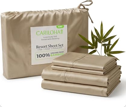 Cariloha Resort 4-Piece Sateen Sheet Set | Stone | King | Viscose Material | Allergy Resistant, Naturally Thermal-Regulating, Extra Soft Cooling Sheets for Hot Sleepers