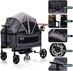 Luxury Wagon Stroller for 2 Kids & Cargo-Lightweight Foldable Travel Push Pull All-Terrain Double Wagon for 2 Toddlers with 5-Point Harness,Adjustable Handle,Canopy,Tray Table,Cup Holder