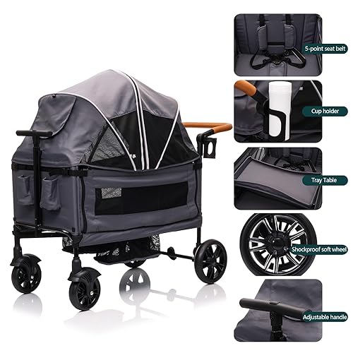 Miniatura 4 de Cochecito de vagón para 2 niños y cochecito de bebé doble de carga para niños pequeños con arnés de 5 puntos, barra de mango ajustable y toldo, mesa