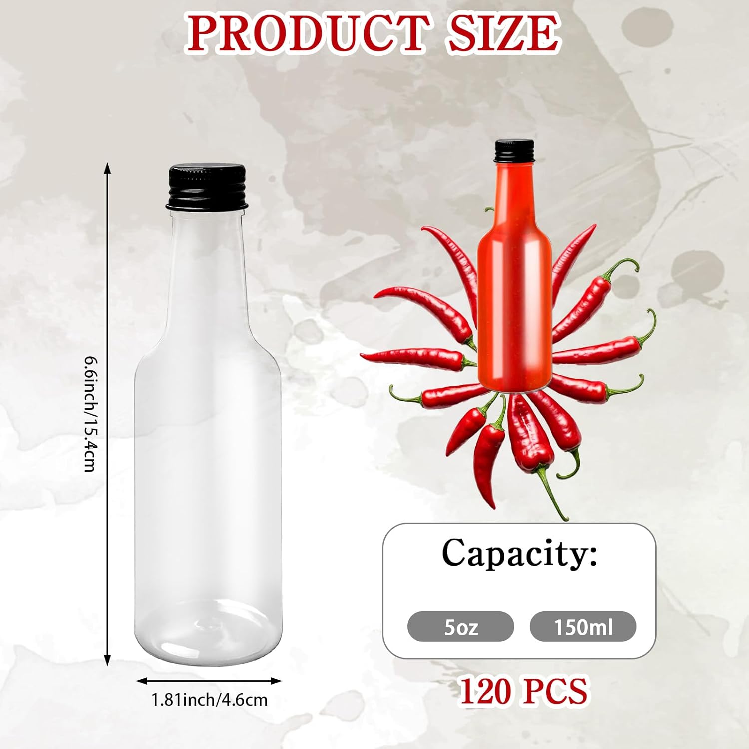 120 Pcs Hot Sauce Bottles with Leak Proof Black Screw Cap Small Plastic Wine Jars Clear Bottles Empty for Kitchen Sauce Salad Dressing Syrup Juice Whiskey (5 oz)