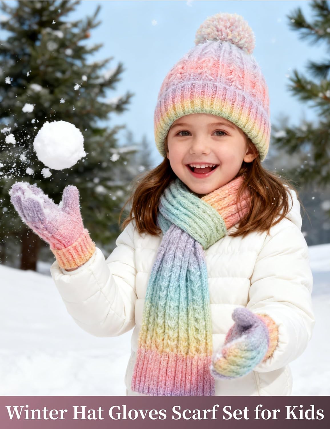 Winter Hat Gloves Scarf Set for Kids, Girls Toddler Pom Pom Knit Beanie Hat and Glove Set for Christmas Gift - Image 2