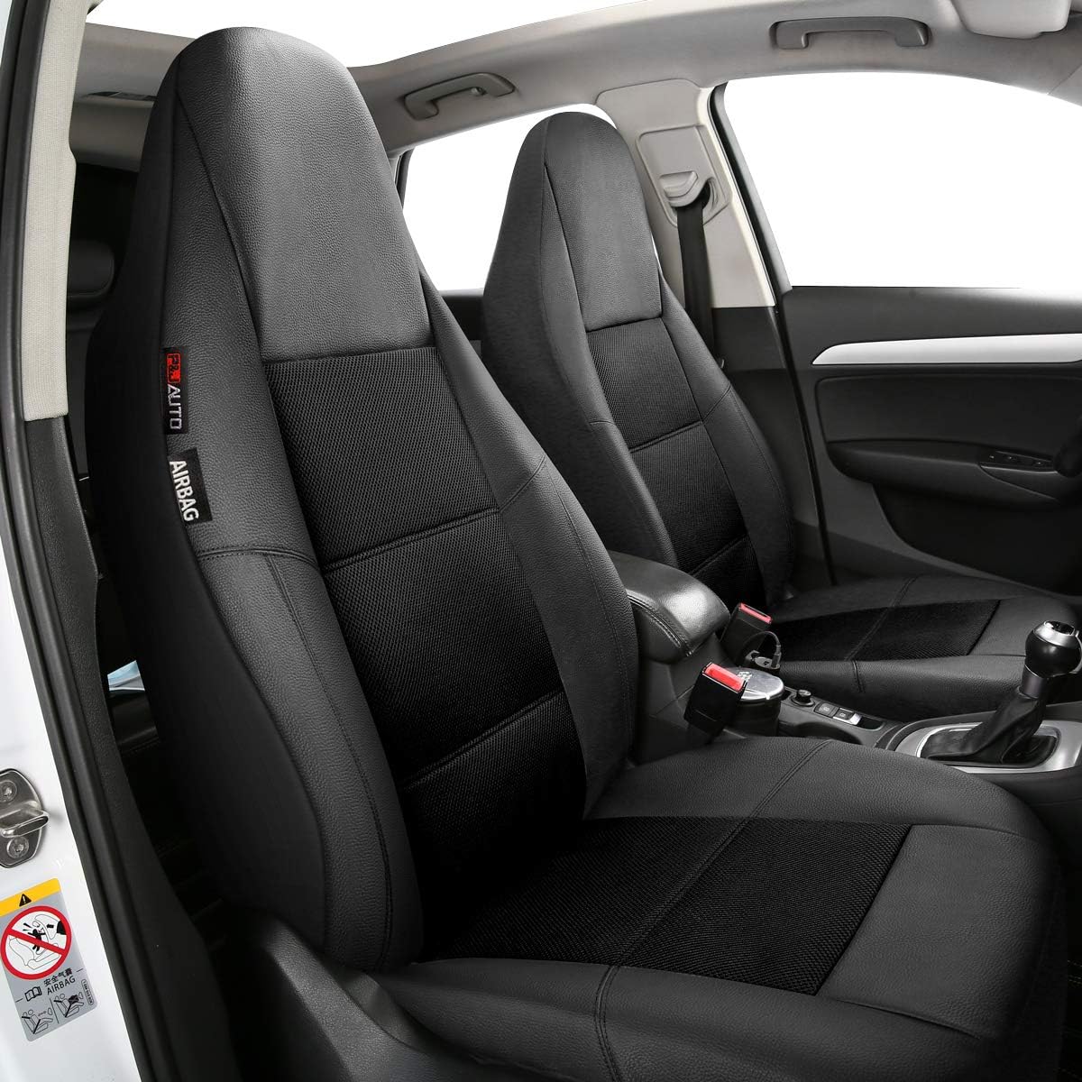 P&J AUTO Leather and Mesh High Back Car Seat Cover Front Pair Integrated Bucket Seat Airbag Compatible (Black)