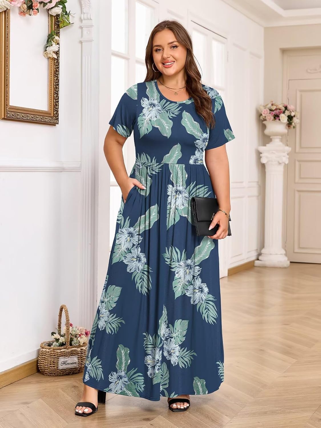 BELAROI Plus Size Maxi Dress with Pockets for Curvy Women Summer Long Dresses Short Sleeve Scoop Neck - Image 5