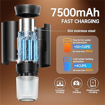 Cafetera Portátil 3 en 1 con Display de Temperatura, Calentamiento Máximo de 80ml Agua 20 Bar Multicápsula Modo Frío/Calor Batería Recargable USB-C 7500mAh, Compatible con Cápsulas y Café Molido1