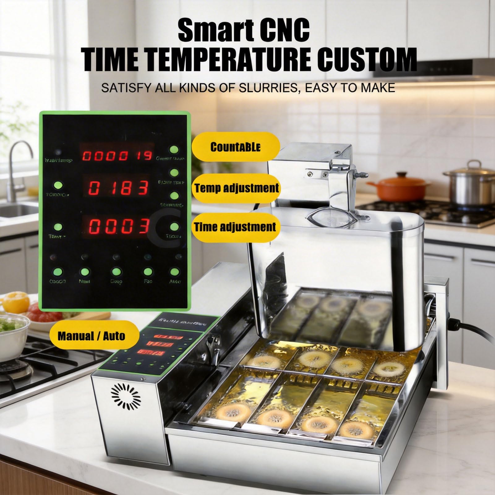 Genérico 2000W Commercial Donut Making Machine, 4/6 Fila Fils Automatic Donut Maker con Panel de Control Inteligente, Auto Flip & Adjustable Thickness, para Panaderías, Cafés y Donut Shops 4 Filas