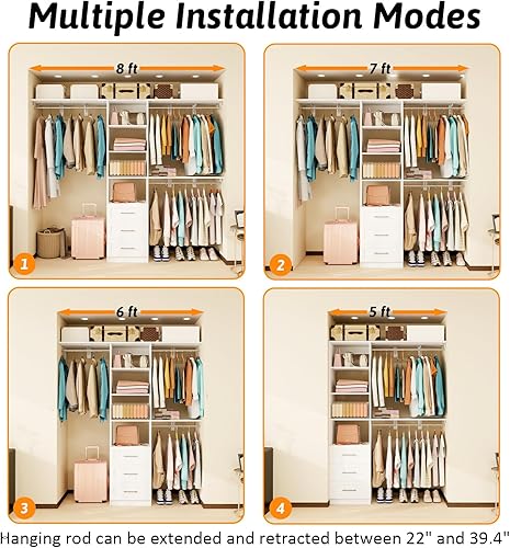 Miniatura 4 de Sistema de armario con cajones, sistema organizador de armario de 5 pies a 8 pies con estantes y varillas ajustables para colgar, sistema de