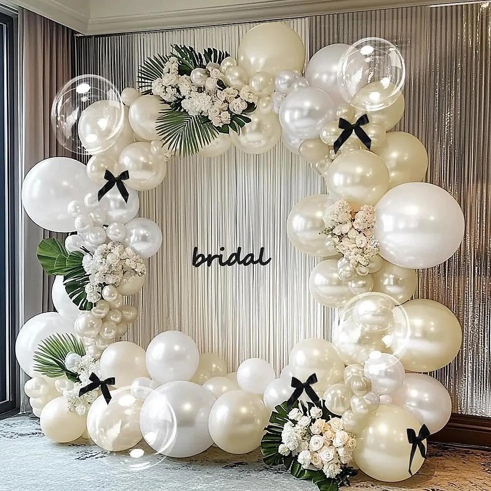 White Balloon Garland Arch Kit, Double Stuffed Cream Ivory Sand White Pearl Balloons with Bow Clear Balloon for Bridal Wedding Baby Shower Birthday Valentine‘s Day Party Decorations