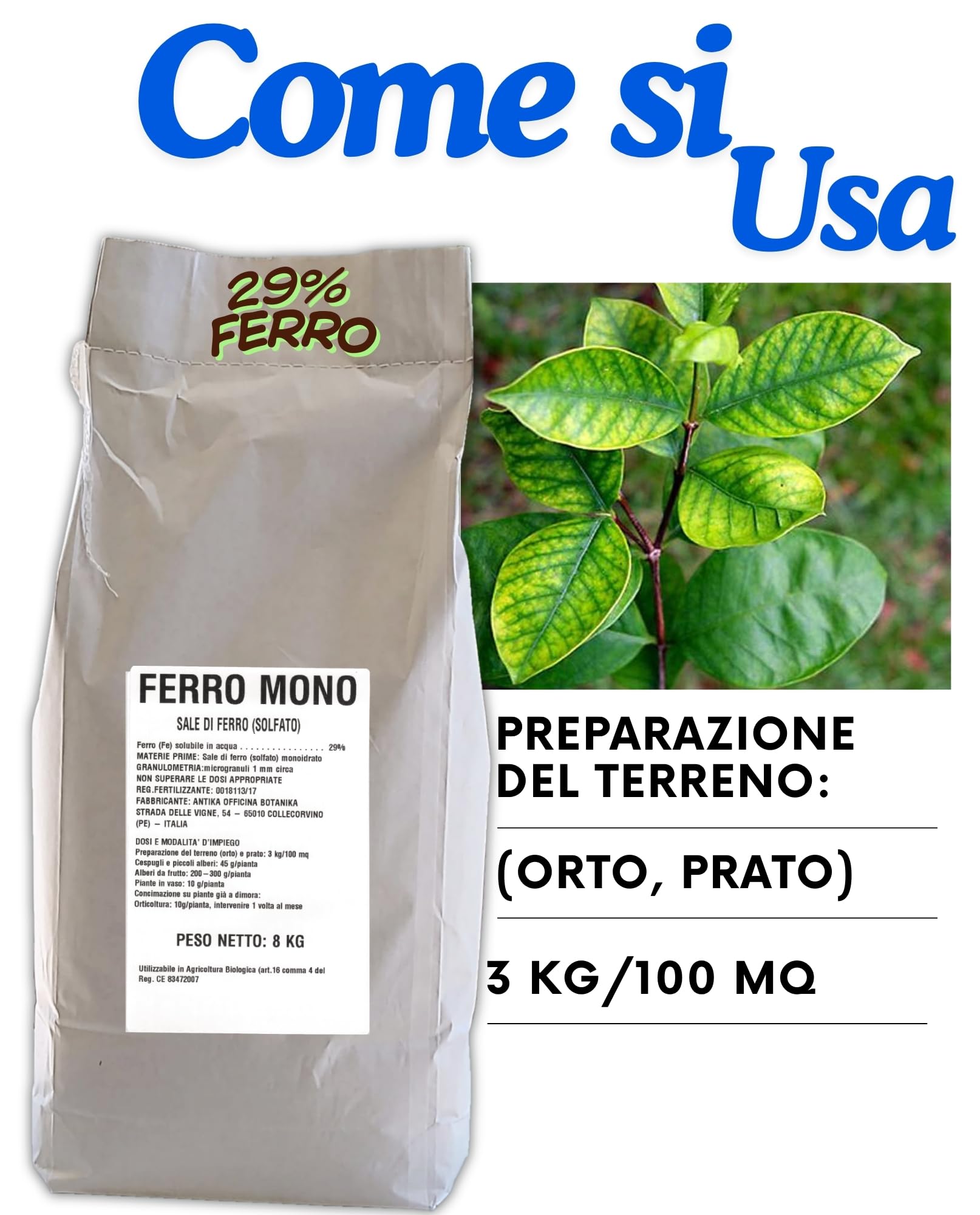 [Bioki] Ferro microgranulare ad elevato contenuto di ferro solubile [elimina muschio] [acidificante del terreno] [Concime Rinverdente busta da 8 Kg] orticoltura, giardinaggio, frutticoltura.
