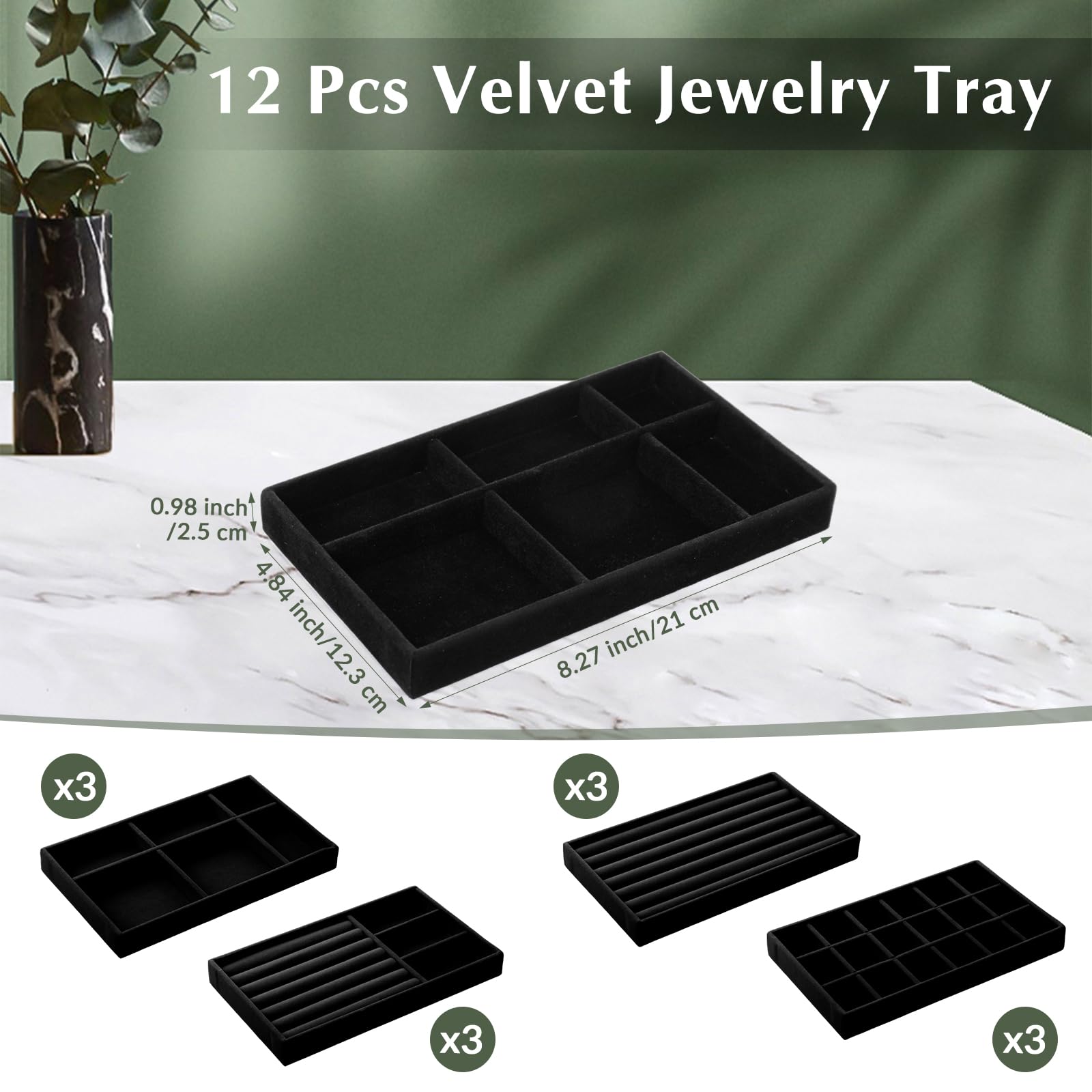 Inbagi 12 Pcs Black Small Velvet Jewelry Tray Stackable Jewelry Drawers Organizer Trays Insert Divided Storage Display Trays for Earring Ring Necklace Bracelet 8.3 x 5 x 1 Inches