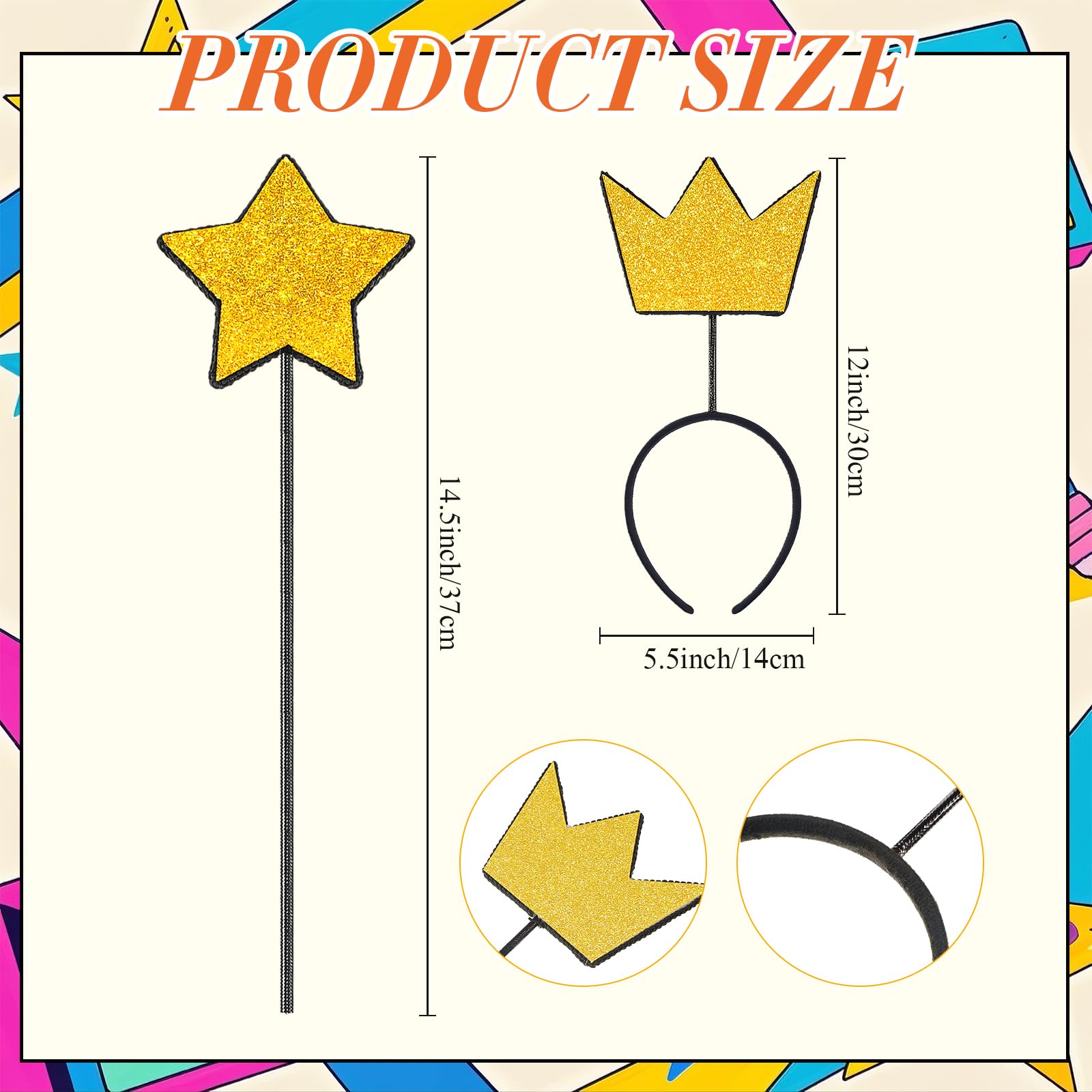 Sratte 4-teiliges Feenstern-Zauberstab- und Kronen-Stirnband-Set, Glitzer-Prinzessinnenstern-Zauberstab und goldfarbene Krone, Stirnband-Set, Engel-Prinzessinnen-Verkleidungsset für Halloween