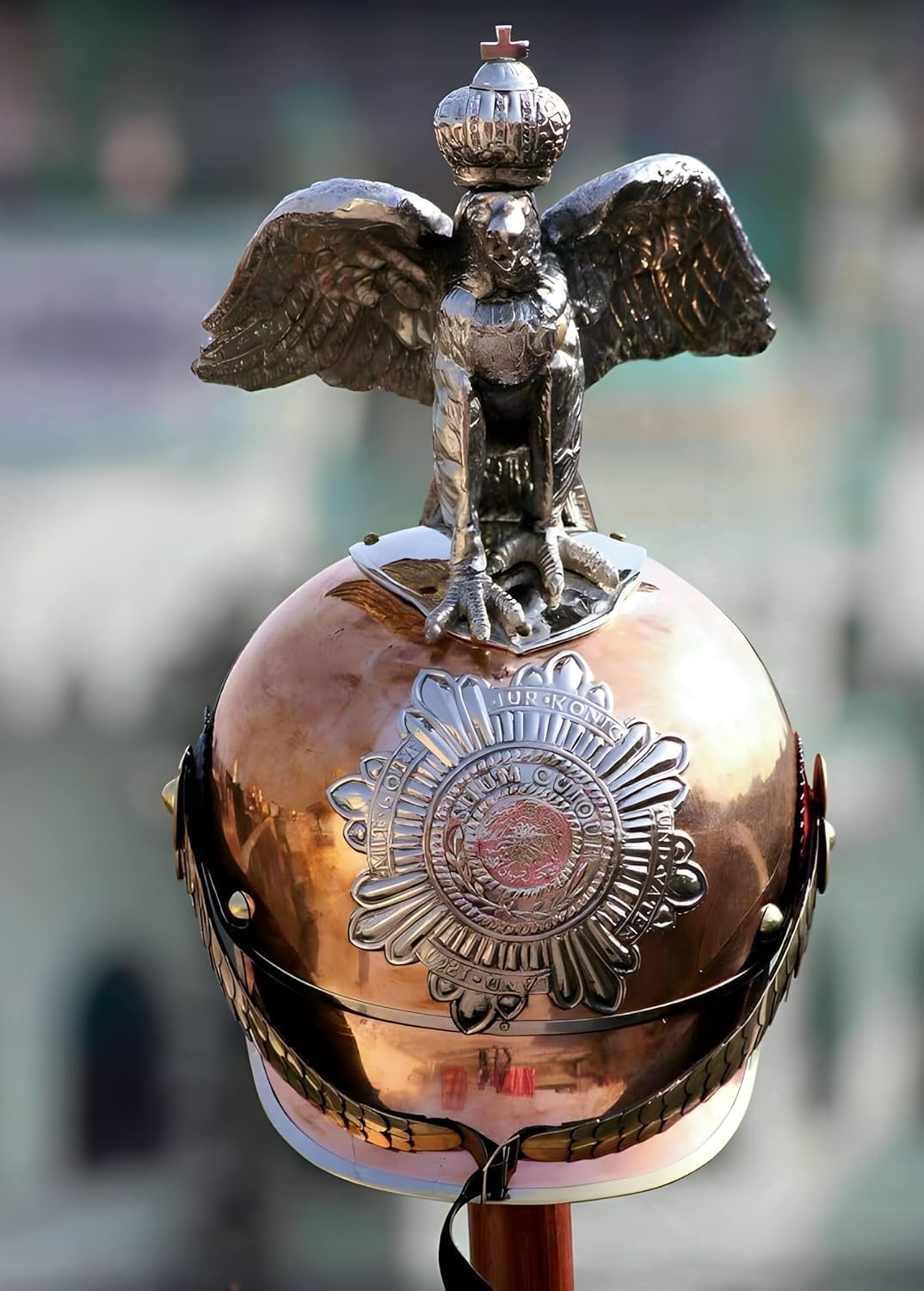 Vintage Imperial Russian Military Ceremonial Helmet with Eagle Crown, Copper and Silver Finish