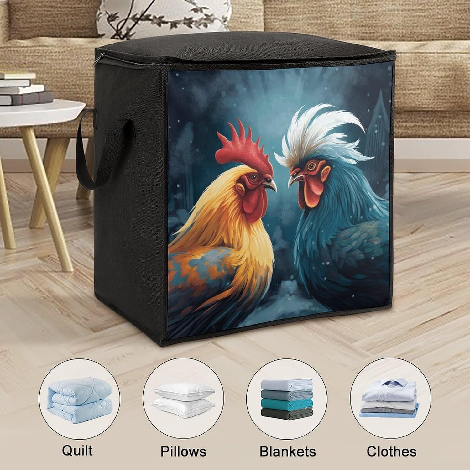 Chicken Pattern Storage Bags Moving Bags Storage Bins | Comforter Storage Bag Reinforced Handles & Zippers Foldable Closet Organizers and Storage for Blanket Pillow Clothes