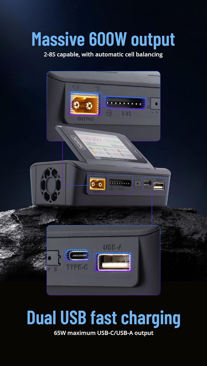 ToolkitRC M9 600W output and dual USB fast charging graphic
