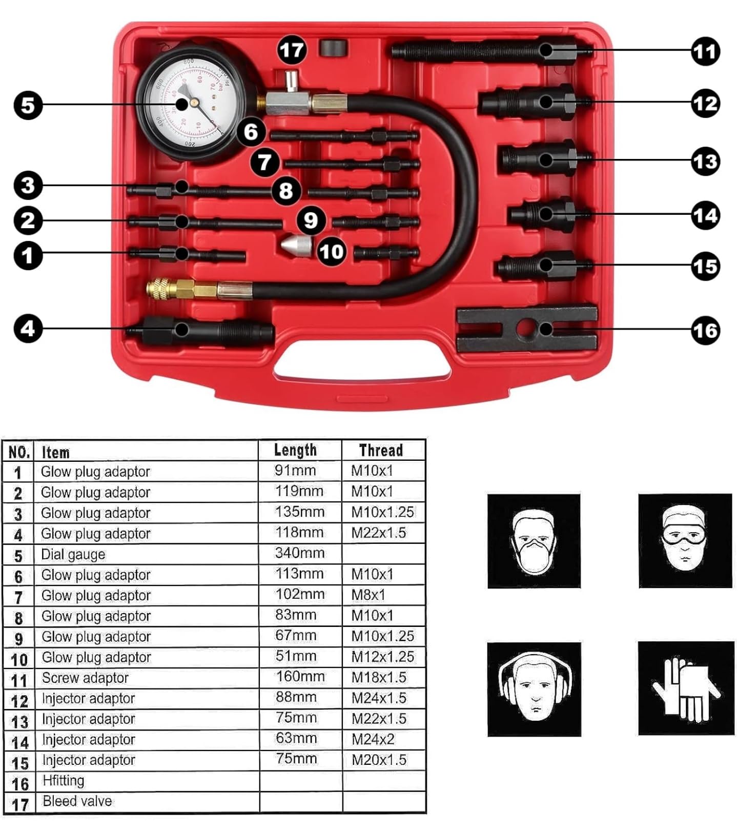 Medidor de Compresión para Motores Diésel de Inyección Directa e Indirecta 0-1000 PSI / 0-70 BAR
