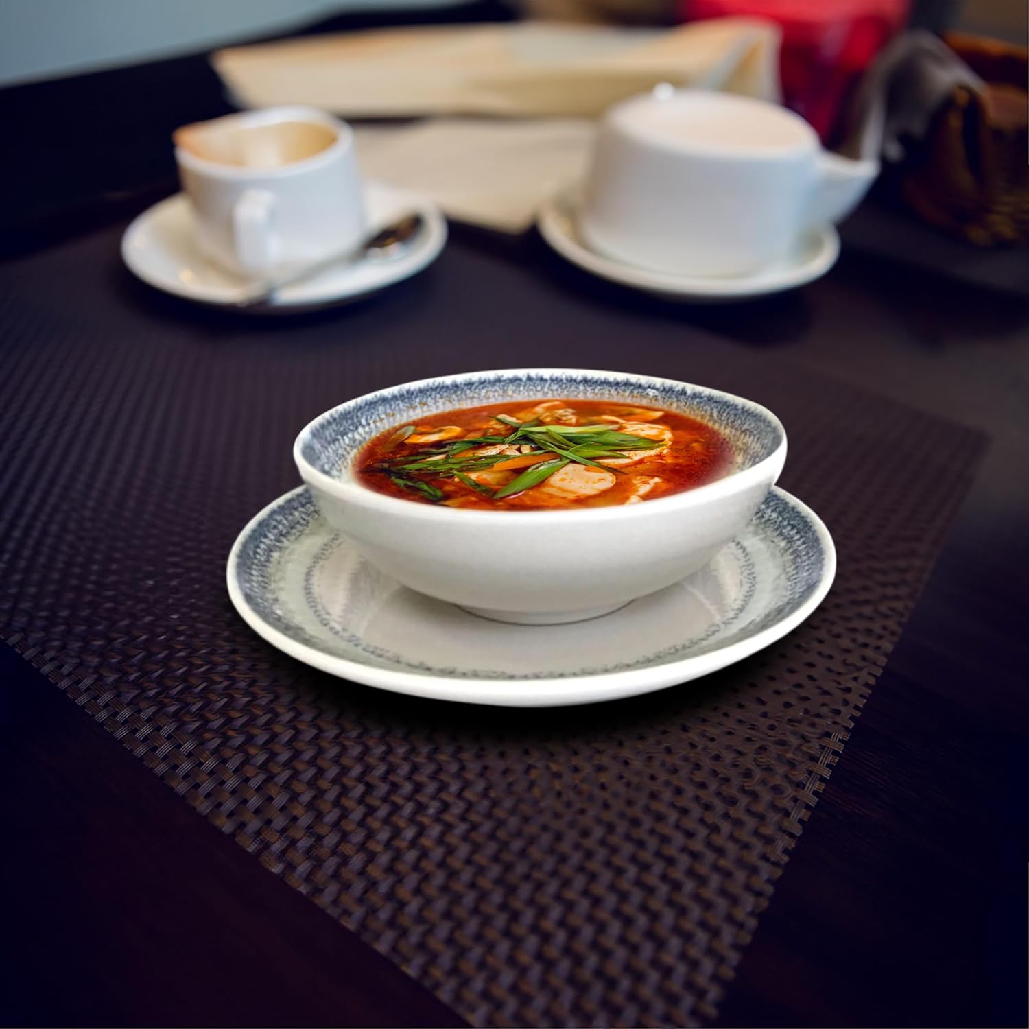 Gusto Buono 8.27" Set of 6 Porcelain Soup Plates | Pearl Effect with Blue Design | Dishwasher & Microwave Safe | Ideal for Indoor & Outdoor Dining | Ideal for Everyday Home Use, Parties & Gifts