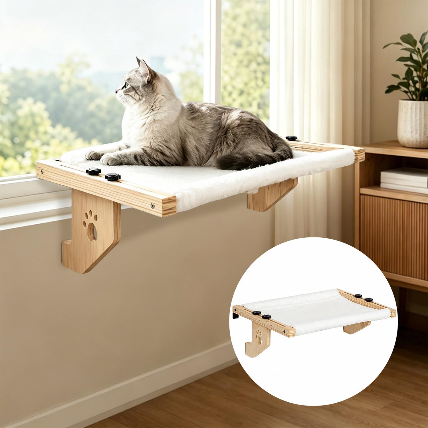 Heizungsliege Hängende Katzenhängematte, Holz Hängematte Katze Heizung mit Weicher Auflage, 2-in-1 Stabil Katzenhängematte – Abnehmbar & Waschbar für Fensterbank, Bettkante & Heizung