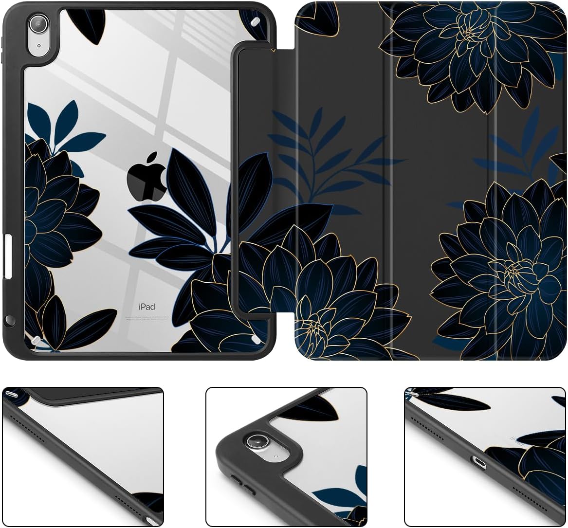 Case for iPad 11 inch A16 2025 Generation 11th / iPad 10.9 inch 2022 10th Gen, Buit in Pencil Holder with Shockproof Cover Clear Transparent Back Shell Auto Wake/Sleep, Flower Dahlia - Image 8