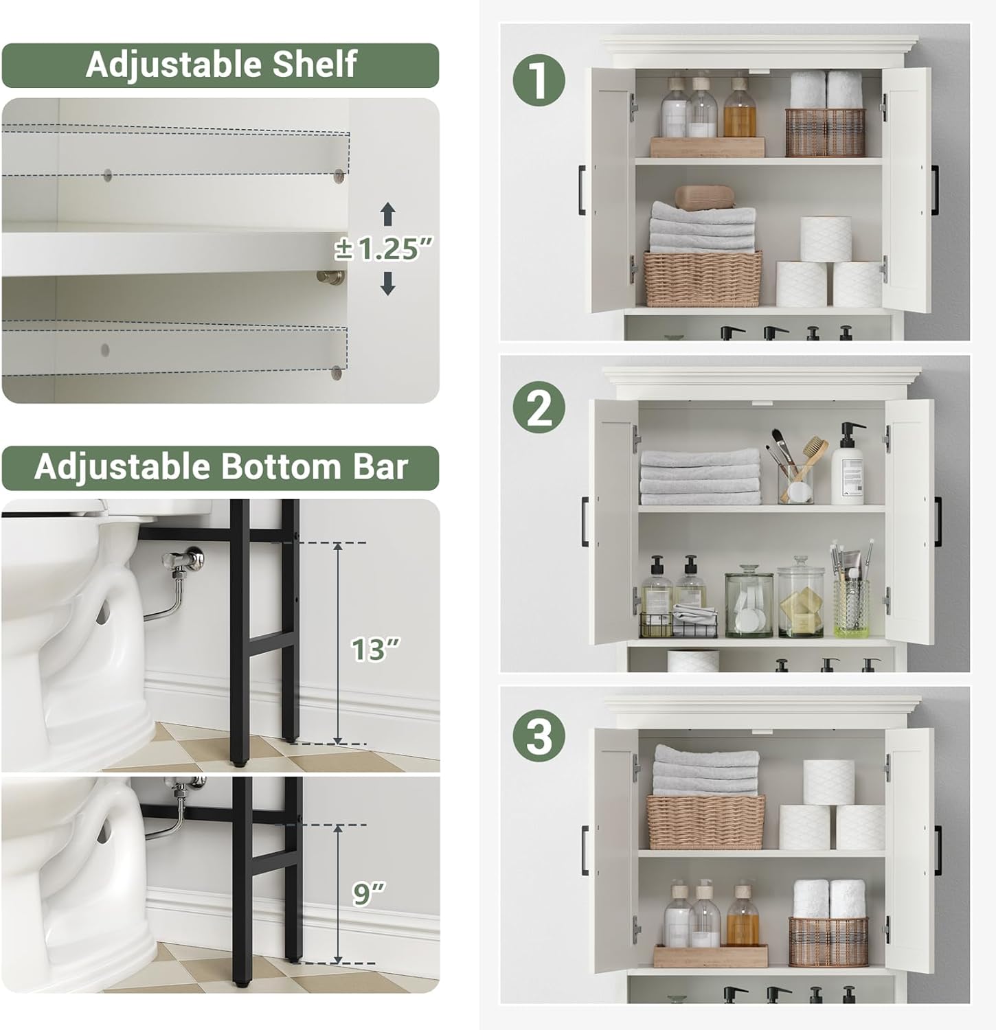 Over The Toilet Storage Cabinet, Over The Toilet Cabinet with Doors, Over Toilet Bathroom Organizer Above Toilet Storage Cabinet with Inner Adjustable Shelf and Anti-Tip Device, Cream White