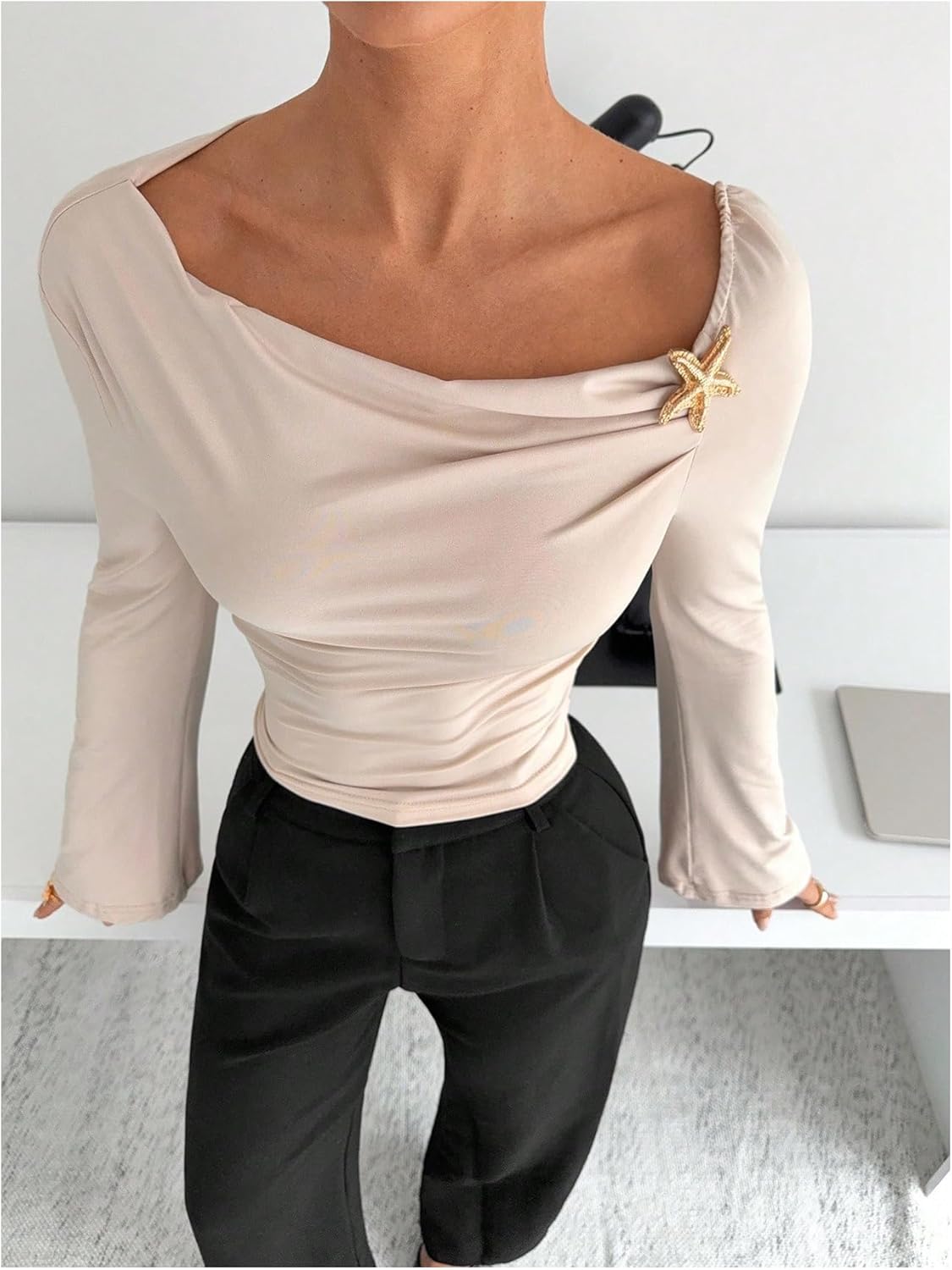 Women's Asymmetrical Draped Neck T Shirts Starfish Long Sleeve Crop Tops Elegant Fitted Top - Image 4