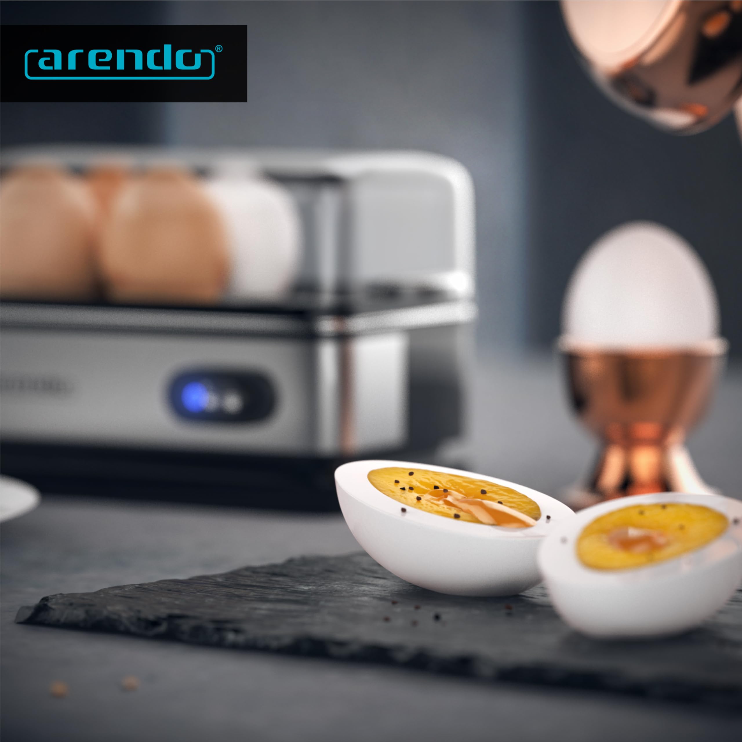 arendo - Cuoci Uova Sixcook in Acciaio Inox - Bollitore per Uova con Funzione di Mantenimento Calore - capacità 1-6 Uova - Interruttore selettore a levetta con Spia