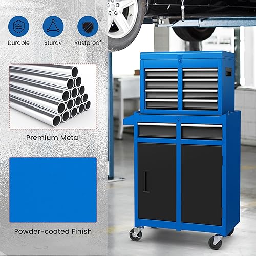 Miniatura 7 de IRONMAX Caja de herramientas con ruedas, armario de herramientas con cerradura de 5 cajones con estante ajustable y 4 ruedas universales, caja de