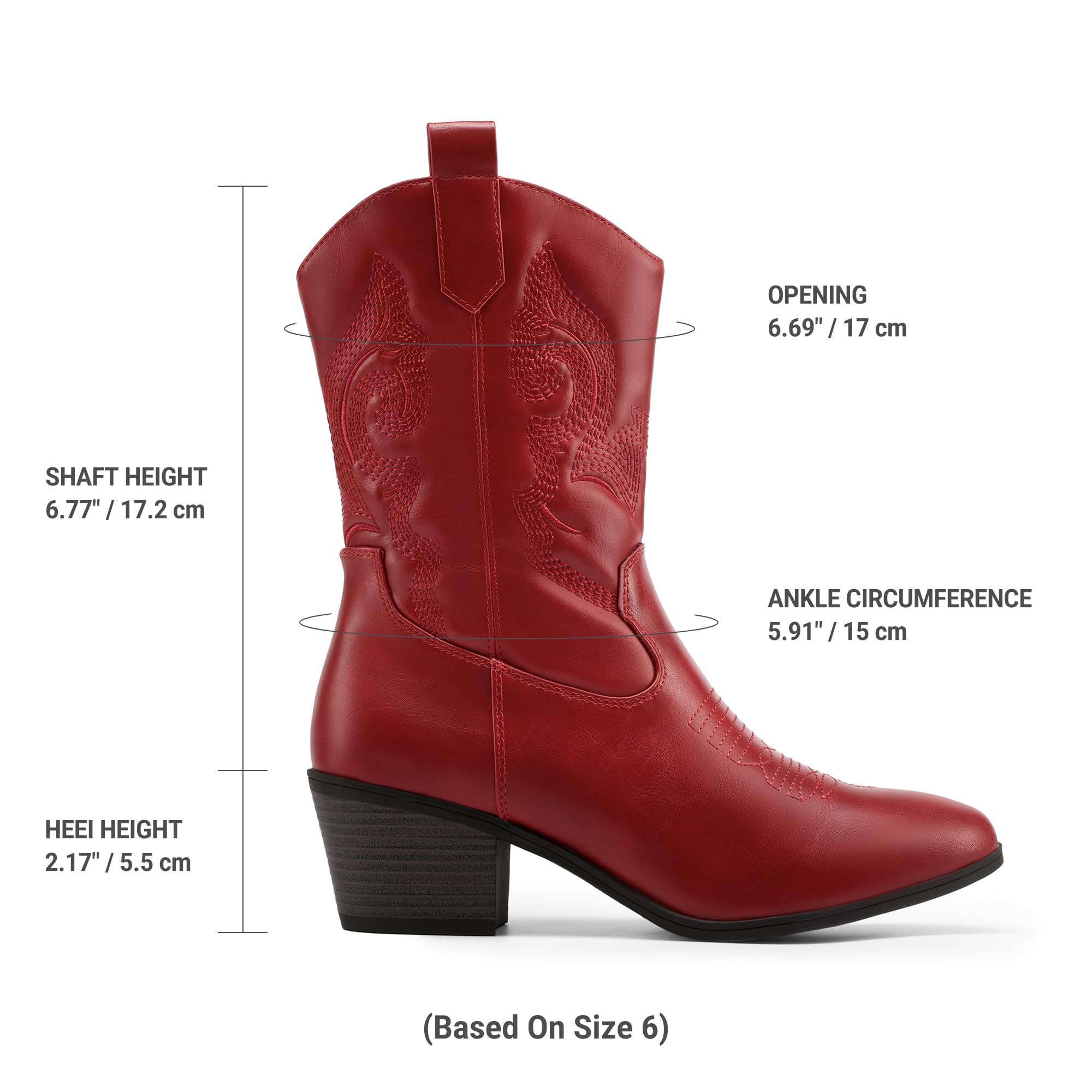 DREAM PAIRS Kowbojskie buty kowbojskie do połowy łydki dla kobiet, Czerwony, 40.5 EU | Buty westernowe z okrągłym noskiem, gruby niski obcas, buty do haftowania, festiwale muzyki country impreza tematyczna