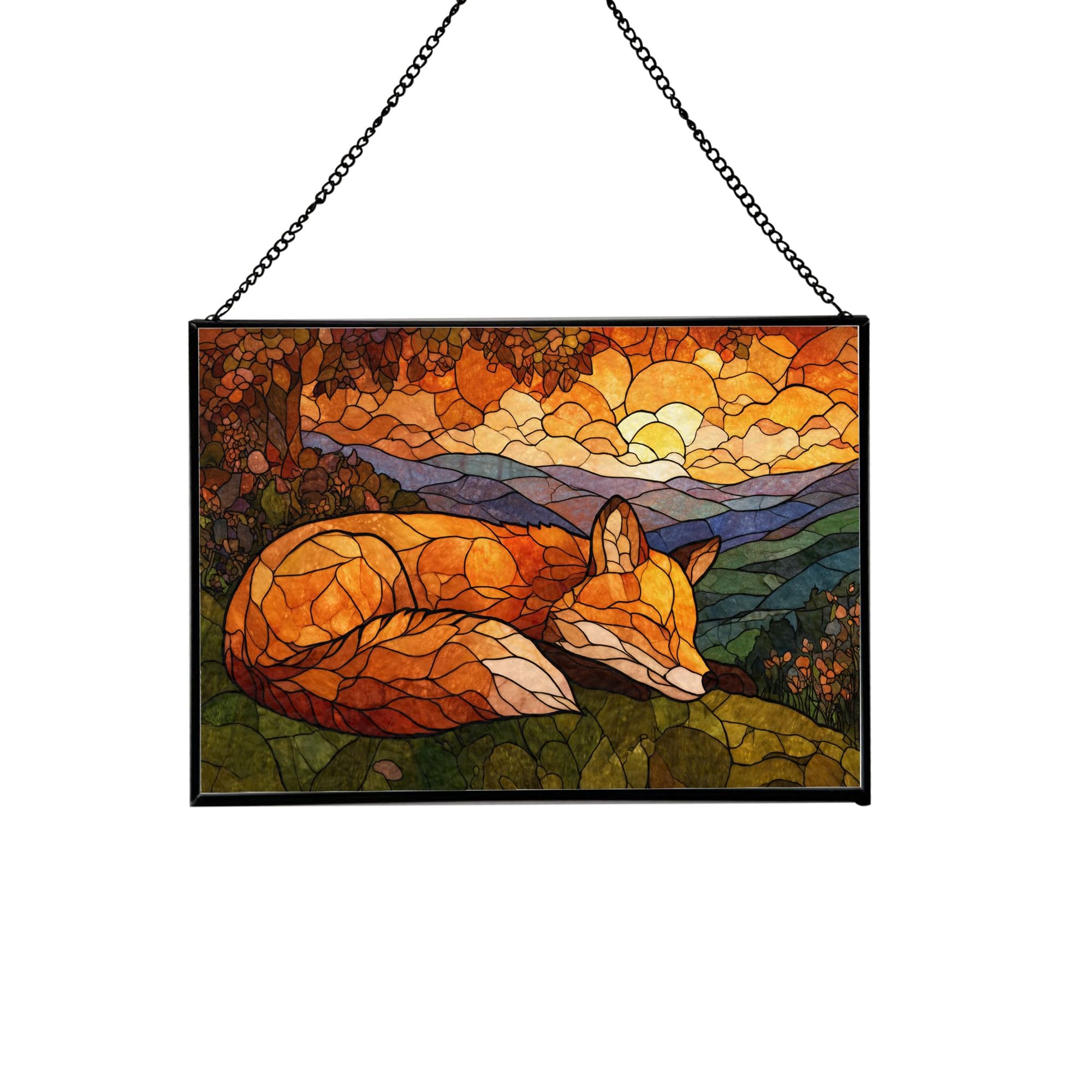 Fox Resting – Warm Hillside Animal Stained Glass Suncatcher – Rectangular Hanging Window Panel with Artistic Nature Background – Wildlife Glass Art Gift for Animal and Nature Lovers 1qiWI2