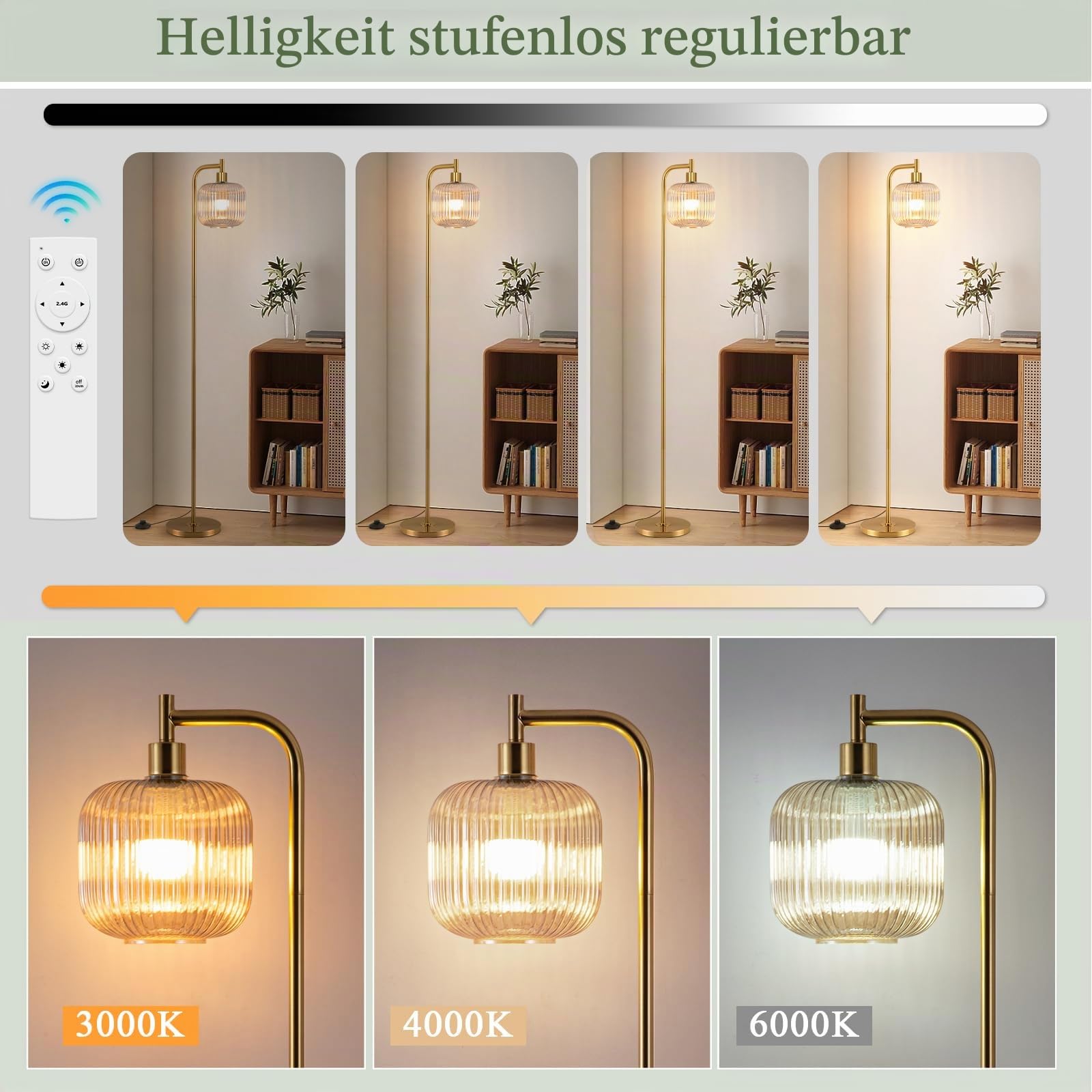 Retro LED Stehlampe Dimmbar, 160cm Vintage Stehlampe Wohnzimmer Mit Bernstein Glaslampenschirm, Fußschalter, Fernbedienung, 2700K-6500K, Moderne Stehlampen für Wohnzimmer Schlafzimmer Büro