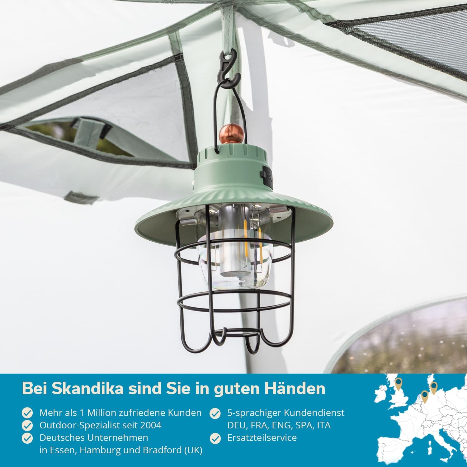 Skandika Soroya Lampada da campeggio a LED in stile retrò | Colore della luce regolabile, dimmerabile, batteria da 2000 mAh, 500 lumen | Ideale per il campeggio, il giardino(verde)