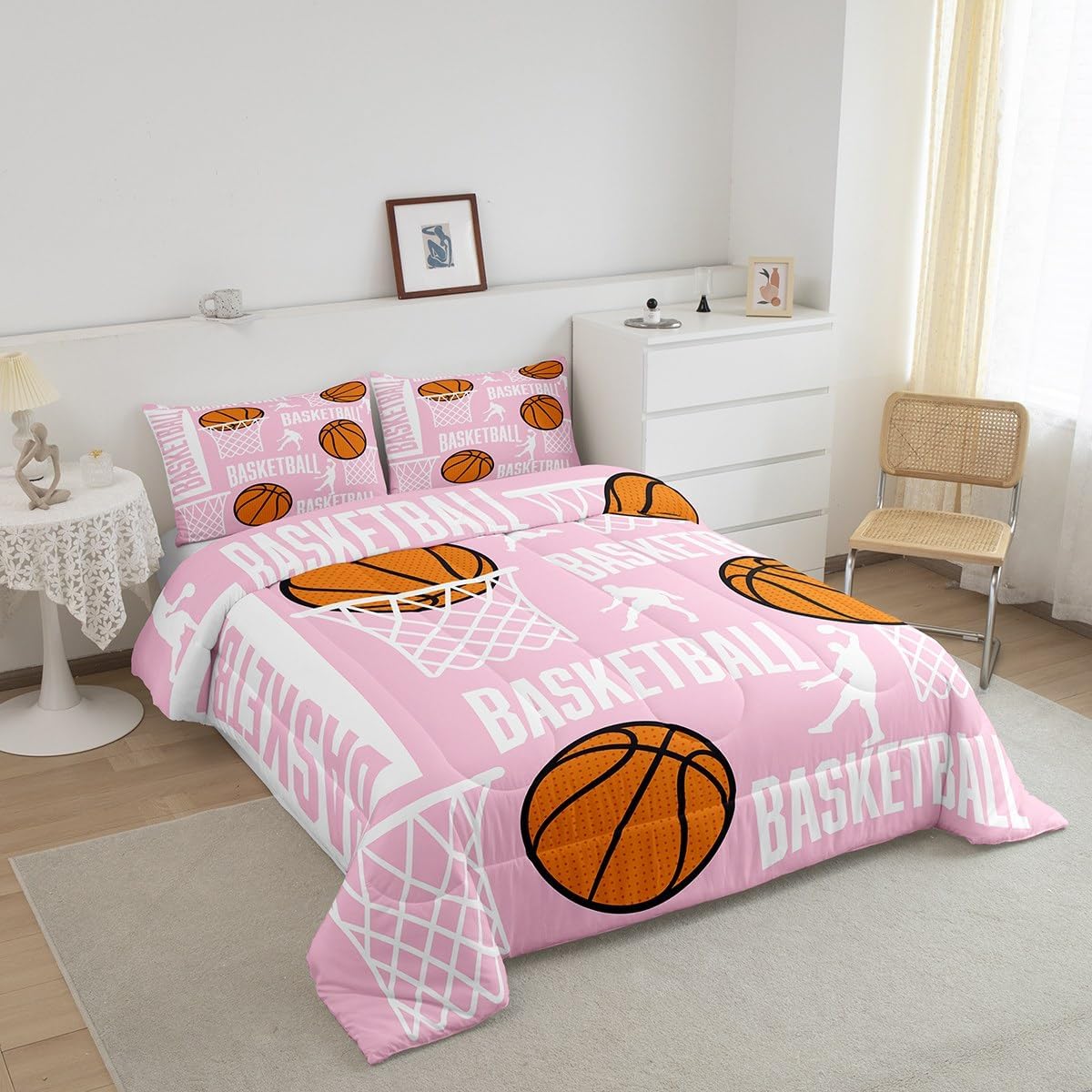 Feelyou Basketball Bedding Set Full Basketball Lover Comforter for Kids Teens Adults Pink Comforter Set Sport Quilt Set Room Decor 3Pcs with 2 Pillow Case