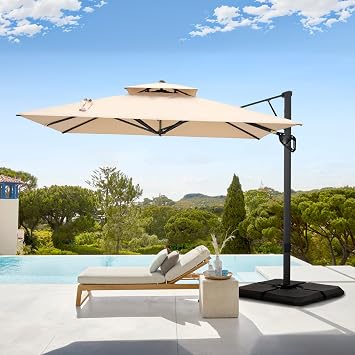 GREEN PARTY 10x10 ft Cantilever Patio Umbrella, Outdoor Offset Umbrellas with 360 Rotation, 5-Year-Non-Fading Hanging Pool Umbrella for Garden Deck Poolside - Beige