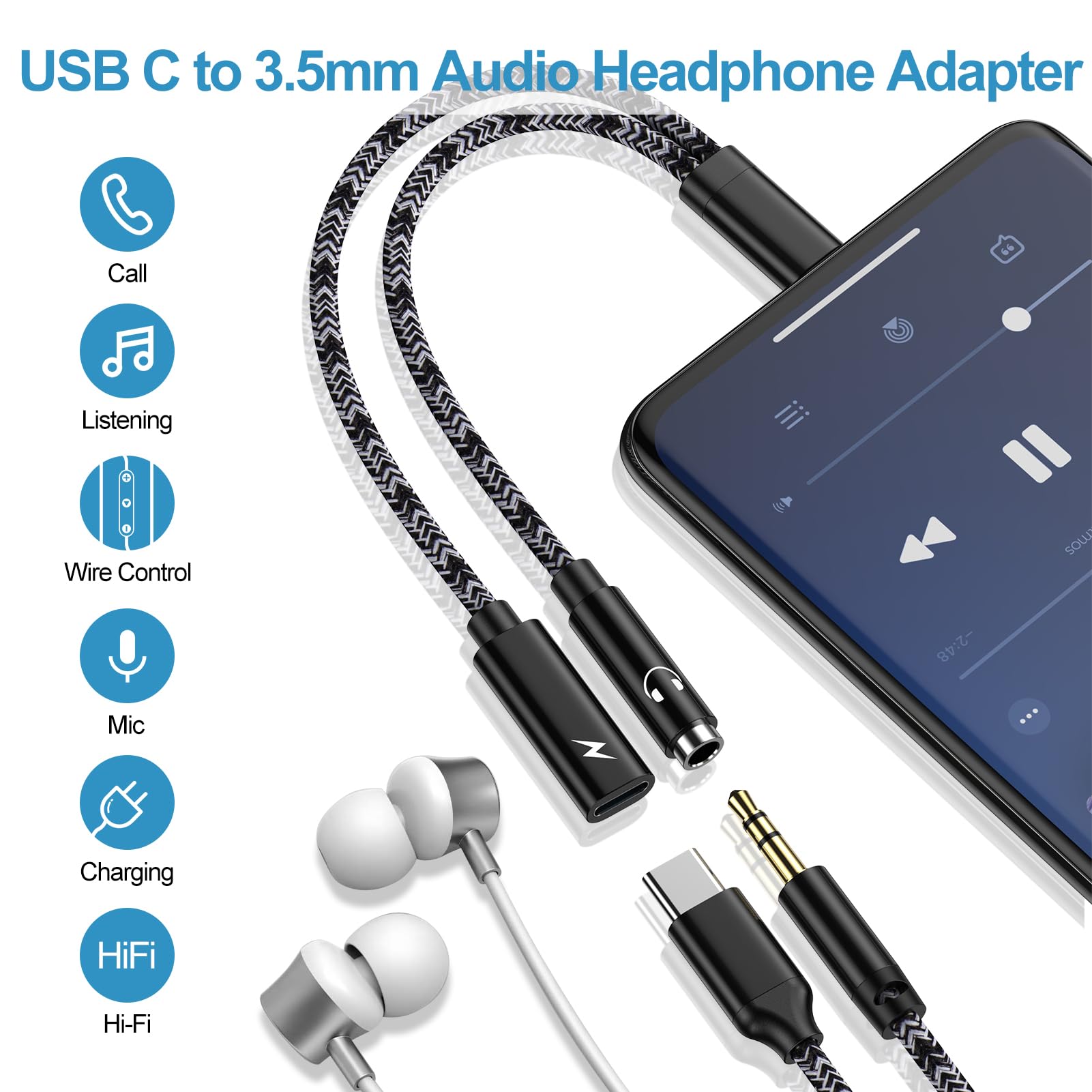 Câble Audio & Charge USB-C Vers 3.5mm Sunshot - Double Fonction Pour IPhone 15, IPad Pro, Samsung Galaxy - Noir 1.2m