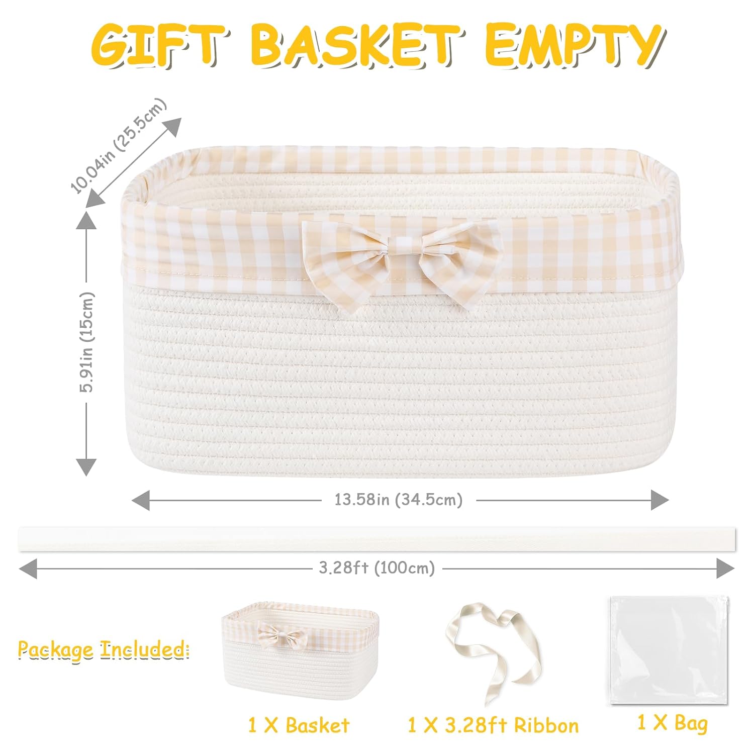 OIASKET Basket for Gifts Empty, Large Gift Basket 13L with Gift Bag and Ribbon, Woven Cotton Basket for Baby Showers, Birthday, Wedding, Mother's Day, 13.58"x10"x5.9", White and Cream