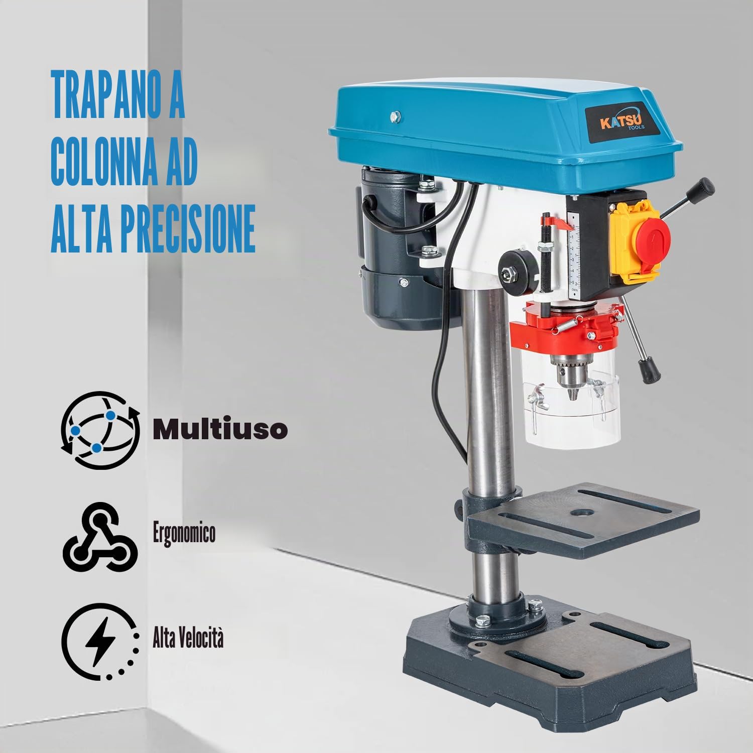 KATSU Tools Trapano a colonna 350 W – mandrino 13 mm, 5 velocità, profondità max 50 mm, 2650 giri/min, tavolo regolabile